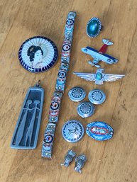 Vintage Silver Costume Jewelry: Thunderbird Pin, Mosiac Brooch And Bracelet, Ring 3.5, Pendant, Button Covers