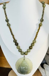 JADE GLASS BUDDHA BEAD NECKLACE STERLING SILVER CLASP