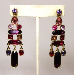 Vintage Rhinestone Pierced Earrings Multi Colored Drops