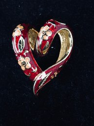 Vintage Nolan Miller Gold Tone Red Enamel Cloisonne Floral Heart Pendant 367