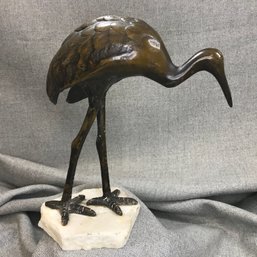 Lovely Vintage Bronze Crane On Marble Base - Great Patina - Very Nice Piece - Estate Find - Super Nice !