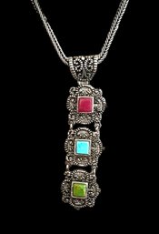 Beautiful Vintage Sterling Silver Ornate With Colored Stones Necklace