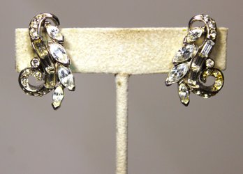 Vintage White Rhinestone Earrings Ear Clips By PELL