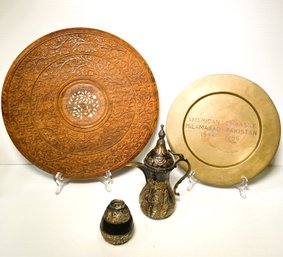 American Embassy Islamabad Pakistan Commemorative Plate 1984-86, Sheesham Inlay Wood Tray, Dallah Coffee Pot