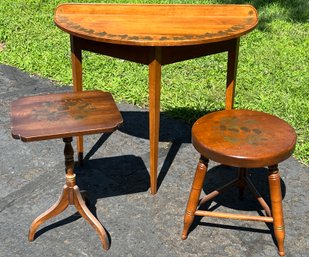 Grouping Of Hitchcock Golden Stenciled Stool, Demilune And Tripod Table