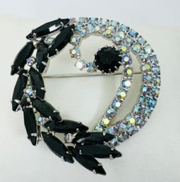 BEAUTIFUL SILVER TONE BLACK AND AURORA RHINESTONE SWIRL BROOCH