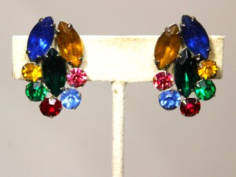 Vintage Multi Colored Rhinestone Screw Back Earrings