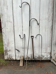 Antique Pitchfork & Hand Saw, Three Iron Shepherds Hook Flower Pot Plant Hanger  &  A Copper Grasshopper