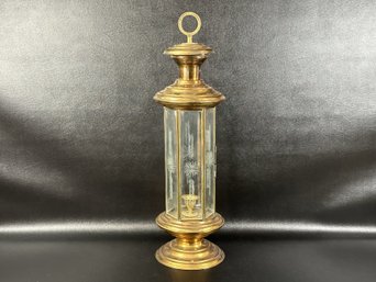 A Tall Vintage Candle Lantern In Brass With Etched Glass Panels