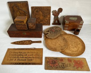 Vintage Wood Plaques, Boxes & Other Decor Including Pyrography Burnt Wood  (Over 15 Pieces)