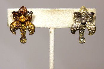 Pair Signed Vintage Rhinestone Orchid Flower Clip Earrings (illegible)