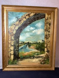 Framed Oil On Canvas Archway Overlooking The Water Landscape