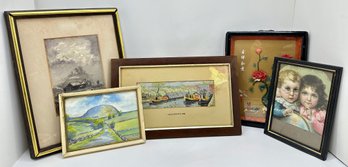 Vintage Woven Art Of Canal Boats, 2 Original Watercolors, Jadeite Carving & Vintage Framed Ad