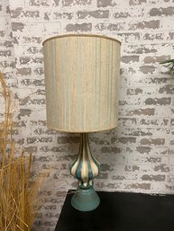 Vintage Mid Century Off-white & Turquoise Lamp W/ Matching Shade