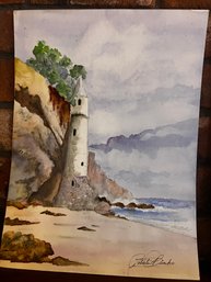 Serene Coastal Lighthouse Watercolor Painting
