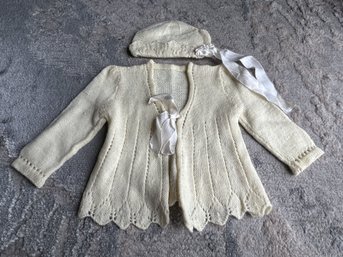 Adorable Early Vintage Hand Knitted Child's Blouse With Matching Hat