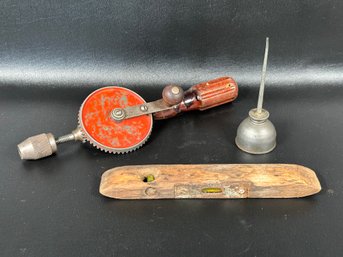 A Small Collection Of Vintage Hand Tools: Drill, Level & Oil Can