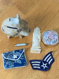 Buddha Deity Statue Carved Bone, Military Patch, Vintage Clay Piggy Bank, Pocket Mirror, Mini Pocket Knife