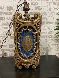 Large Vintage Swag Style Pendant Lamp W/ Ventriculated Blue Inset Screen