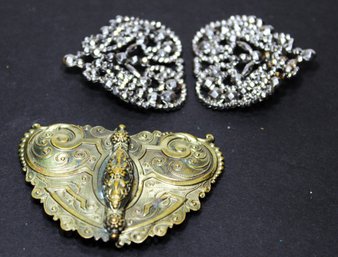 Two Pair Of Victorian Antique Buckles Brass And Cut Steel