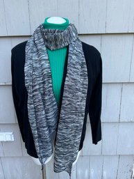 Kelly Green Turtle Neck Paired With Cyrus Black Open Cardigan Plus Jazzy Scarf