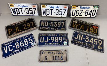 Ten Vintage License Plates From 1970 -1980s - CA, CT And VA