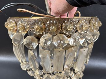 A Beautiful Vintage Flush-Mount Light Fixture In Brass & Crystal