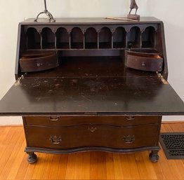 Antique Chippendale Mahogany Secretary Desk W/ Serpentine Style Drawers