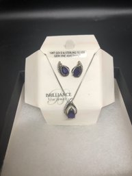 10KT Gold & Sterling W/genuine Amethyst Necklace And Earrings Set