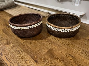 Two Large Tight Weave Wicker Baskets With Shell Trim