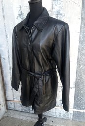 Excelled Woman's Black Leather Belted, Zip Front Coat- Size Medium/ Regular