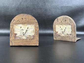 A Pair Of Vintage Bookends In Arched Wood With Decoupaged Landscape Prints