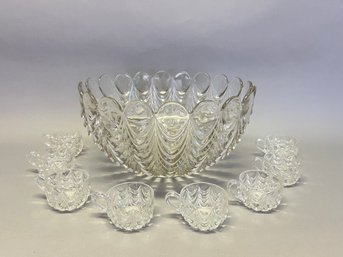Fostoria Heavy Drape Glass Punch Bowl With 8 Cups