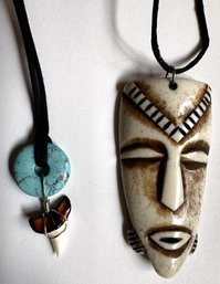 2 Necklaces: African Mask & Shark's Tooth With Turquoise Bead