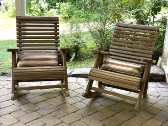 A Great Pair Of Naturally-Weathered Wooden Slat Porch Rockers