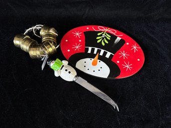 Christmas Serving Lot- Platter, Knife And Napkin Rings