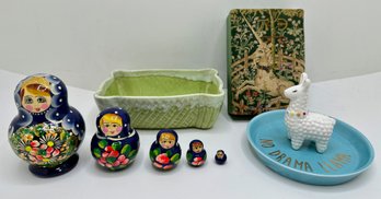 Vintage Cookson 626 Planter, Russian Stacking Doll, Llama Jewelry Tray & Unicorn Box