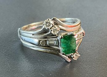 14k White Gold Emerald Diamond Ring ~ 9 1/2 ~