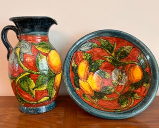 Vibrant Hand Painted Ceramic Bowl And Pitcher Made In Mexico