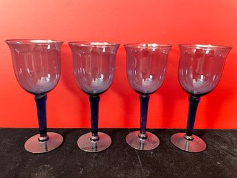 Hand Blown Cobalt Blue Wine Or Water Goblets Set Of 4