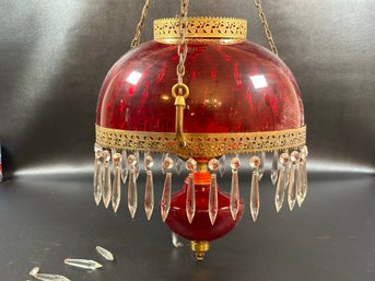 A Victorian-Style Cranberry Glass Pendant Light With Crytsal Prisms