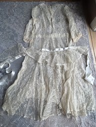 Wonderful Antique 19th Century Edwardian Ladies Lace Dress & Matching Shrug- Floral Pattern With MOP Buttons