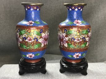 Very Pretty Vintage Pair Of Chinese Cloisonne / Enamel Vases On Wooden Bases - 6' Tall - Very Nice Pair - WOW