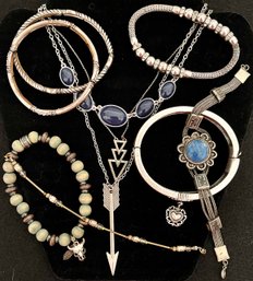 Vintage Jewelry Lot 11 - Silver Tone & Brown Blue Green - Arrow Necklaces - Bracelets - Leather Bracelet