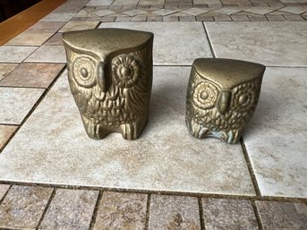 Pair Of Gold Painted Metal Owl Figurines
