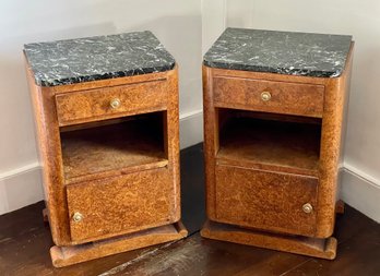 Pair Of Vintage Art Deco Burl Wood Marble Top Night Stands