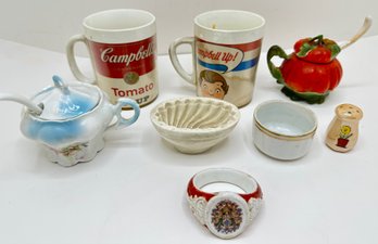 2 Vintage Condiment Bowls With Spoons, 2 Campbells Soup Plastic Mugs, Nippon Bowl & Other Small Kitchen Items