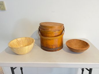 Wood Firkin And 2 Wood Bowls