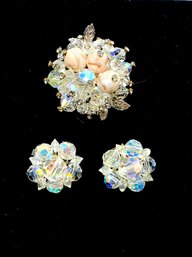 Vintage Signed Vendome AB Crystal Brooch With Coordinating Button Clip Earrings.