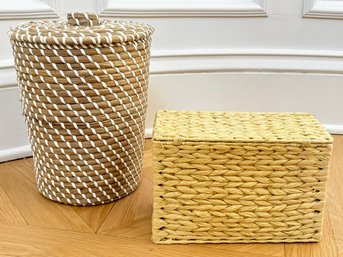 A Lidded Wastebasket And Box In Woven Natural Fiber